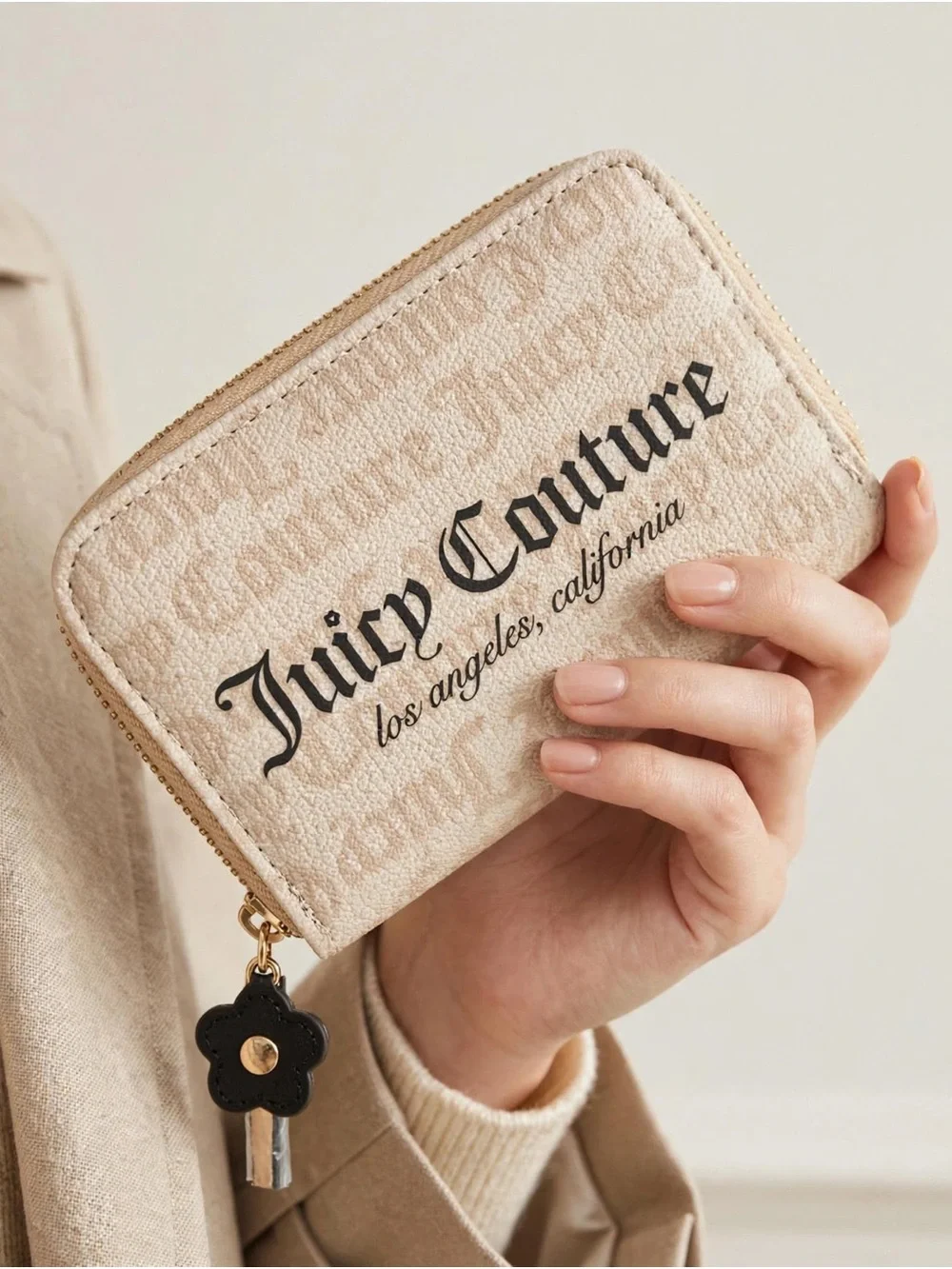Juicy Couture Beige Logo Compact Zip Wallet with Flower Charm